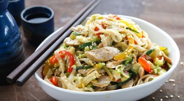 Rice noodles with vegetables the first dish on the menu of a gluten-free diet
